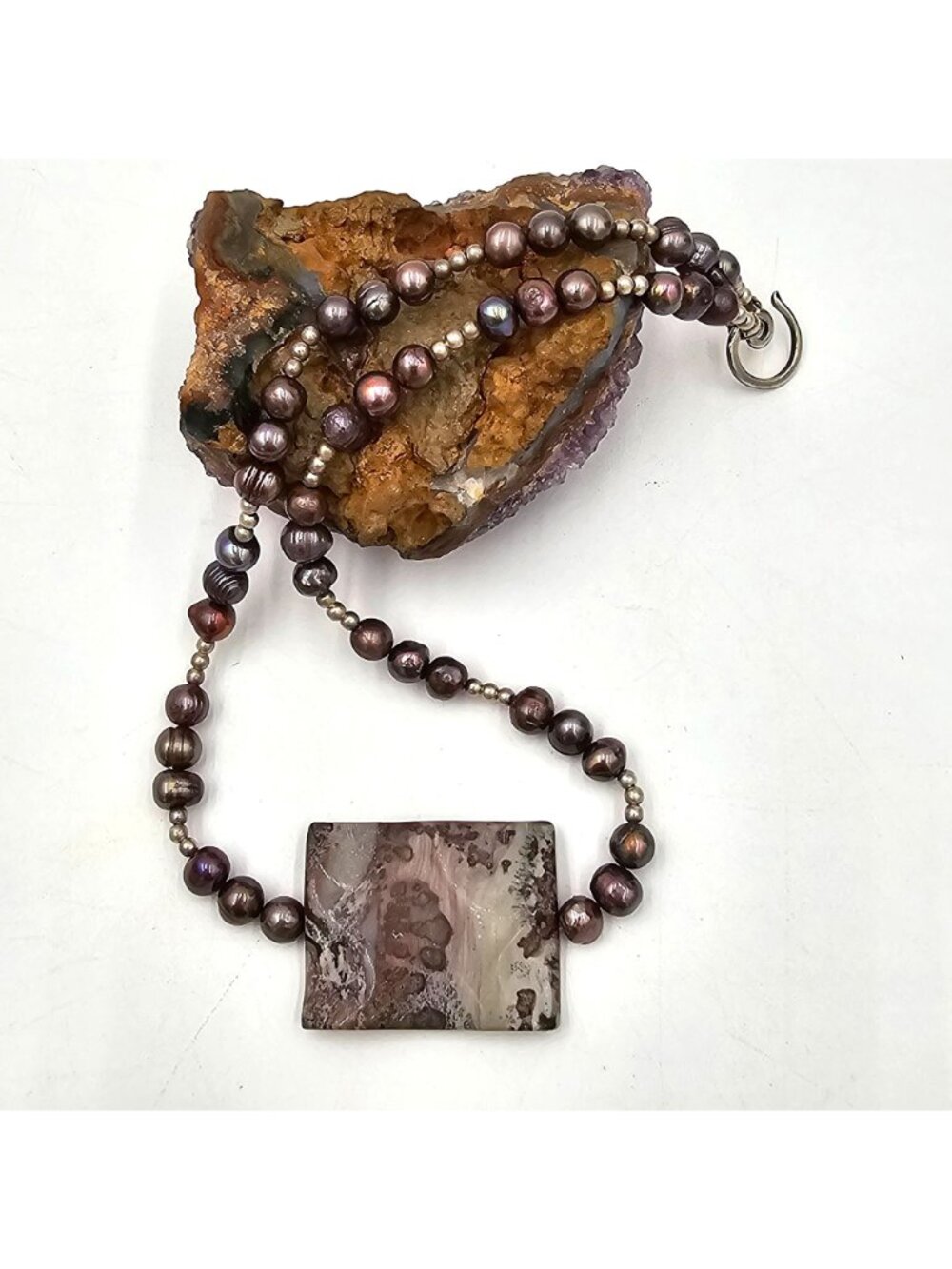 Vintage Sterling Silver Peacock Baroque Pearl Purple Agate Pendant Necklace 16" - Picture 13 of 15